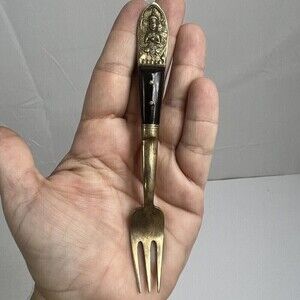 Vintage Siam Flatware Asian Thai Brass And Teakwood  HANDLE- Small Fork Cheese